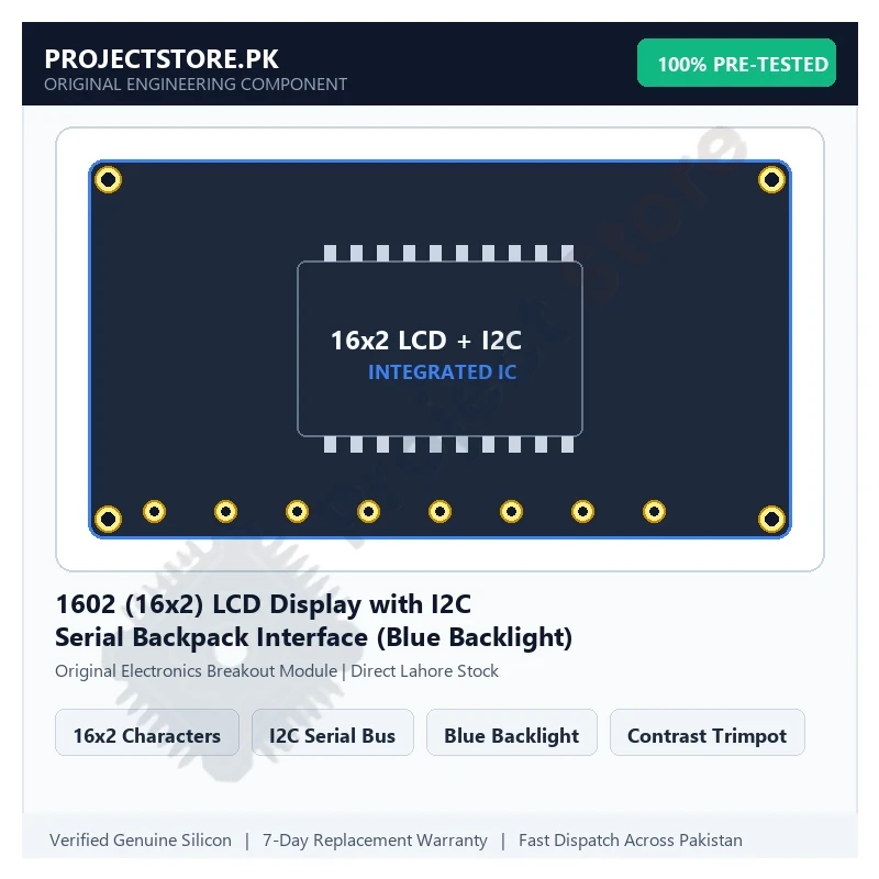 1602 (16x2) LCD Display with I2C Serial Backpack Interface (Blue Backlight) - Original Electronics Component in Pakistan