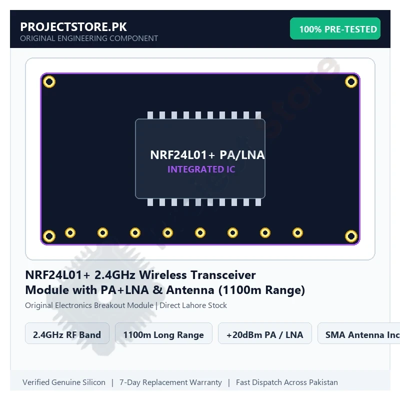 NRF24L01+ 2.4GHz Wireless Transceiver Module with PA+LNA & Antenna (1100m Range) - Original Electronics Component in Pakistan